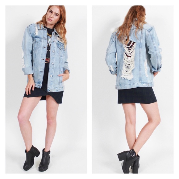 BOOM BOOM JEANS Destroyed Distressed Denim Jacket L - Picture 14 of 16